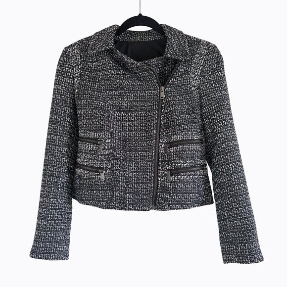 Banana Republic Tweed Moto Jacket Sz 2 Waterfall Front Asymmetrical Zip Academia - Picture 1 of 8